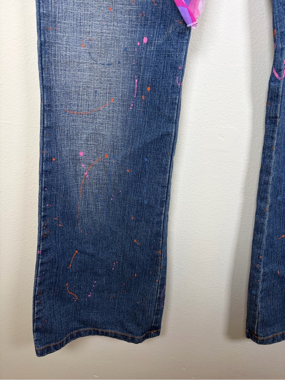 Crest Jeans Y2K Paint Splatter Flare Jeans Scarf Belt Size 11/12 - Picture 4 of 11